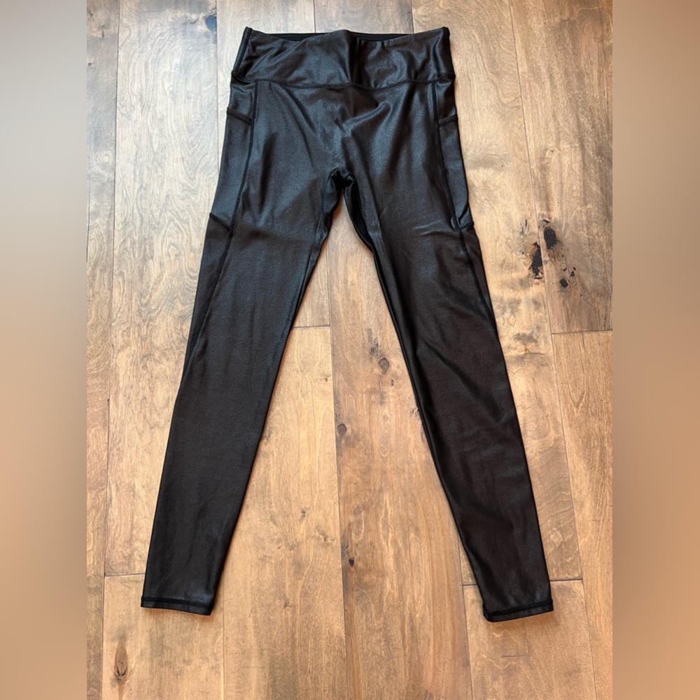 Retro Gong Faux Leather Leggings w/Pockets Tummy Control High Waisted Stretch L